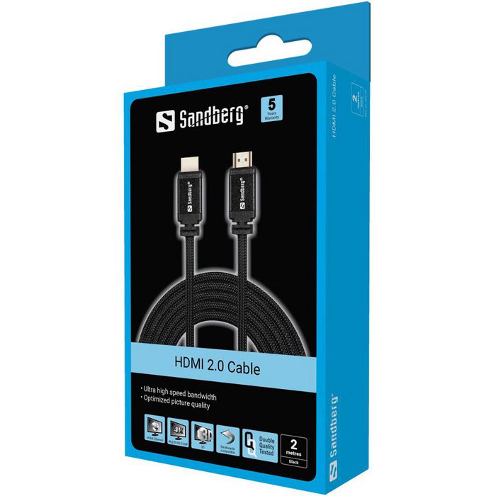 Sandberg Cable HDMI 2.0 2 Metros, 19M-19M, Sonido Cristalino y Video Alta Resolución para Televisores, Consolas, Proyectores y Dispositivos de Streaming