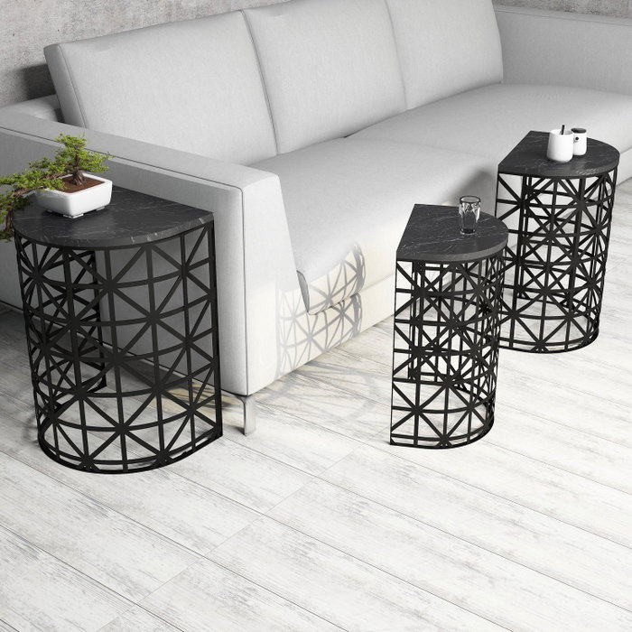 Hanah Home Juego de Mesas Nido Stil Black Marble con Tablero de Melamina y Estructura Metálica Negra