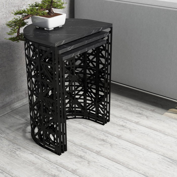 Hanah Home Juego de Mesas Nido Stil Black Marble con Tablero de Melamina y Estructura Metálica Negra