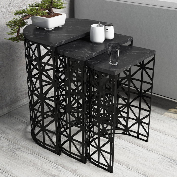 Hanah Home Juego de Mesas Nido Stil Black Marble con Tablero de Melamina y Estructura Metálica Negra