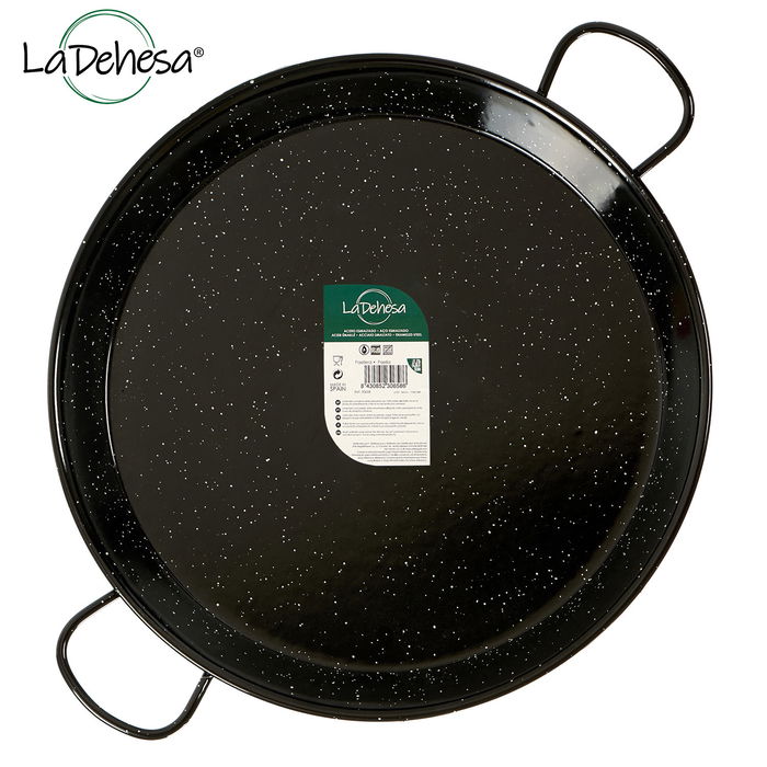 La Dehesa Paellera Esmaltada Acero Negro 60 cm Diámetro (53 cm base) Apta Gas Horno Leña 20 Raciones Asas (Set de 4)