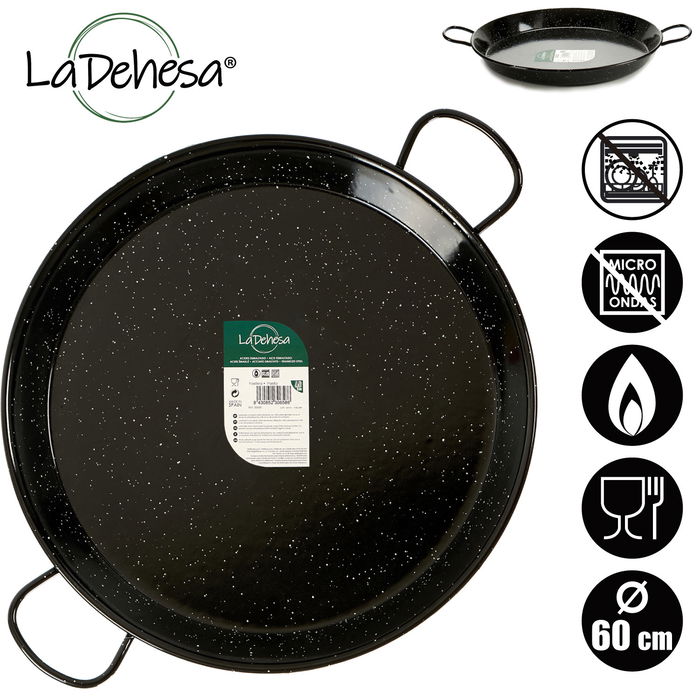 La Dehesa Paellera Esmaltada Acero Negro 60 cm Diámetro (53 cm base) Apta Gas Horno Leña 20 Raciones Asas (Set de 4)