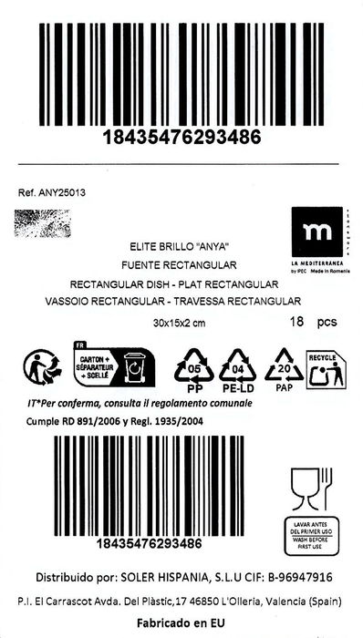 La Mediterranea Fuente Rectangular Anya 30 x 15 cm (18 Unidades)