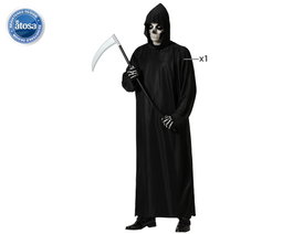 Disfraz de hombre adulto tenebroso con túnica negra y capucha integrada