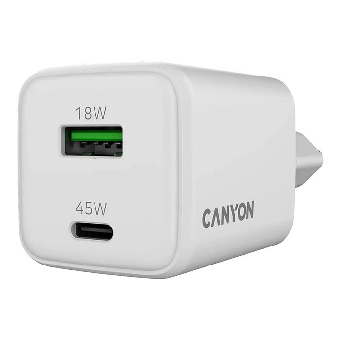 Canyon CU45AC Cargador GaN 45W con 1 Puerto USB-C PD y 1 Puerto USB-A QC, Enchufe UE, Blanco Canyon CU45AC Cargador GaN 45W con 1 Puerto USB-C PD y 1 Puerto USB-A QC, Enchufe UE, Blanco