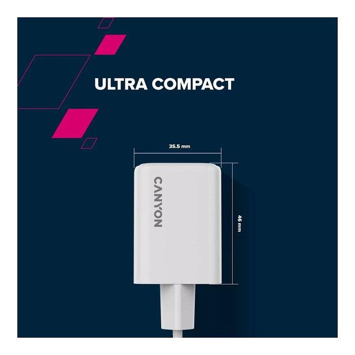 Canyon CU45AC Cargador GaN 45W con 1 Puerto USB-C PD y 1 Puerto USB-A QC, Enchufe UE, Blanco Canyon CU45AC Cargador GaN 45W con 1 Puerto USB-C PD y 1 Puerto USB-A QC, Enchufe UE, Blanco