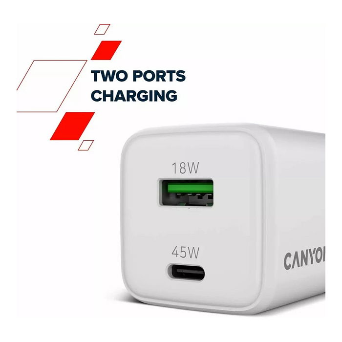 Canyon CU45AC Cargador GaN 45W con 1 Puerto USB-C PD y 1 Puerto USB-A QC, Enchufe UE, Blanco Canyon CU45AC Cargador GaN 45W con 1 Puerto USB-C PD y 1 Puerto USB-A QC, Enchufe UE, Blanco