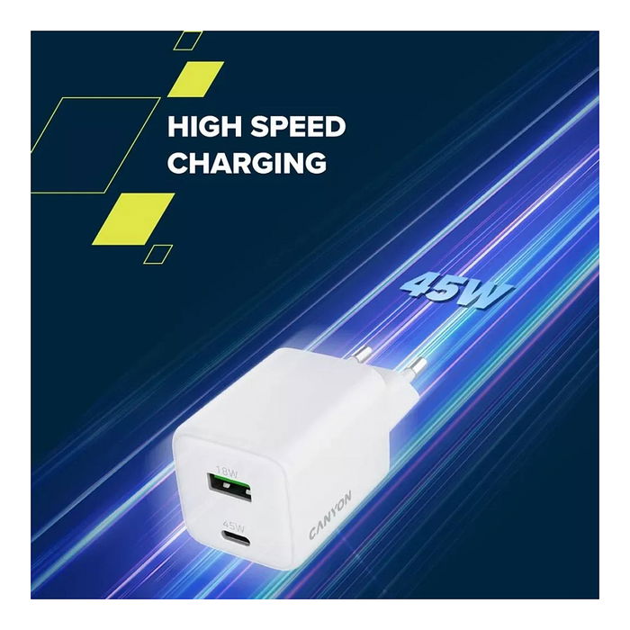 Canyon CU45AC Cargador GaN 45W con 1 Puerto USB-C PD y 1 Puerto USB-A QC, Enchufe UE, Blanco Canyon CU45AC Cargador GaN 45W con 1 Puerto USB-C PD y 1 Puerto USB-A QC, Enchufe UE, Blanco