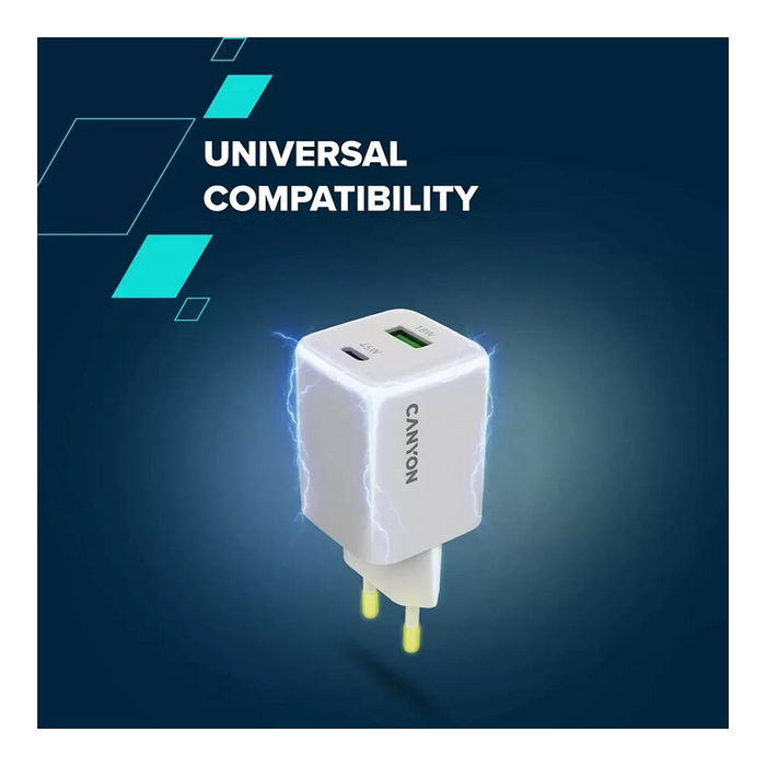 Canyon CU45AC Cargador GaN 45W con 1 Puerto USB-C PD y 1 Puerto USB-A QC, Enchufe UE, Blanco Canyon CU45AC Cargador GaN 45W con 1 Puerto USB-C PD y 1 Puerto USB-A QC, Enchufe UE, Blanco