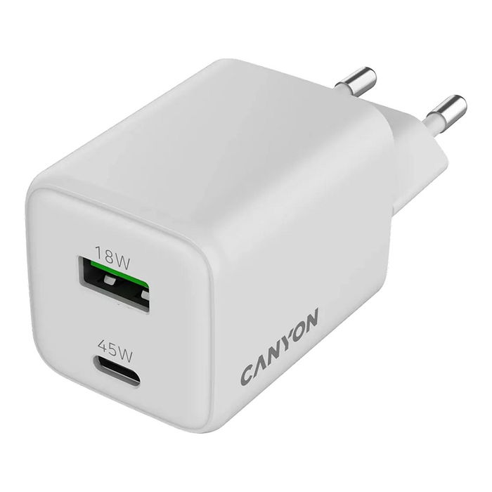 Canyon CU45AC Cargador GaN 45W con 1 Puerto USB-C PD y 1 Puerto USB-A QC, Enchufe UE, Blanco Canyon CU45AC Cargador GaN 45W con 1 Puerto USB-C PD y 1 Puerto USB-A QC, Enchufe UE, Blanco