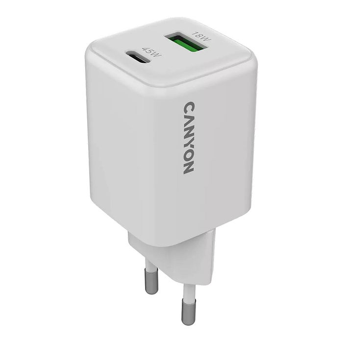Canyon CU45AC Cargador GaN 45W con 1 Puerto USB-C PD y 1 Puerto USB-A QC, Enchufe UE, Blanco Canyon CU45AC Cargador GaN 45W con 1 Puerto USB-C PD y 1 Puerto USB-A QC, Enchufe UE, Blanco