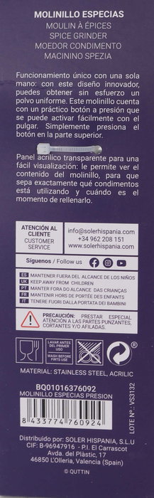 Quttin Molinillo de Especias a Presión 2.6 x 15 cm (18 Unidades)