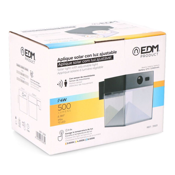 Edm Aplique Solar Cuadrado 4W 500lm 3CCT con Sensor de Movimiento y Crepuscular, Negro