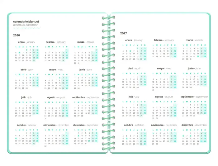 Liderpapel Fantasy D - Agenda Escolar Espiral 2026-2027 Semanavista A6+, Azul, Bilingüe (Español/Inglés), Papel FSC 80g, con Gomilla, Tapa Dura