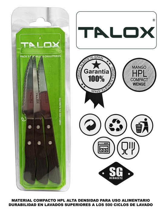 TALOX Pack de 3 Cuchillos Chuleteros 100 mm Mango Weng HPL