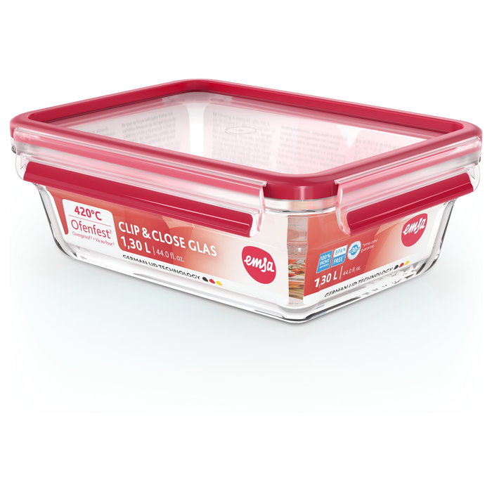 Emsa N10410 Clip & Close Frischhaltedose de Vidrio Rectangular, 1.3 L, Transparente/Rojo, Tapa Hermética, Apto Lavavajillas y Microondas, -40 a 420 °C