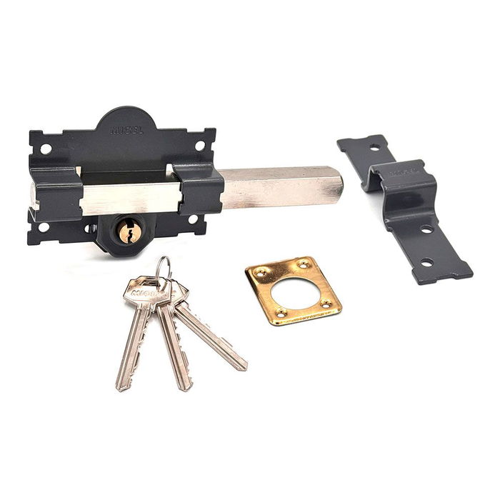 Micel Cerrojo sobreponer Crr07 105L/50 mm, acero pintado gris para reforzar seguridad en puertas, con 3 llaves de serreta