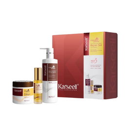 Karseell Mascarilla Colágeno con Esencia de Maca para Reparación Profunda - Estuche 3 Piezas: Mascarilla, Champú y Aceite de Argán - Tratamiento Intensivo para Cabello Dañado