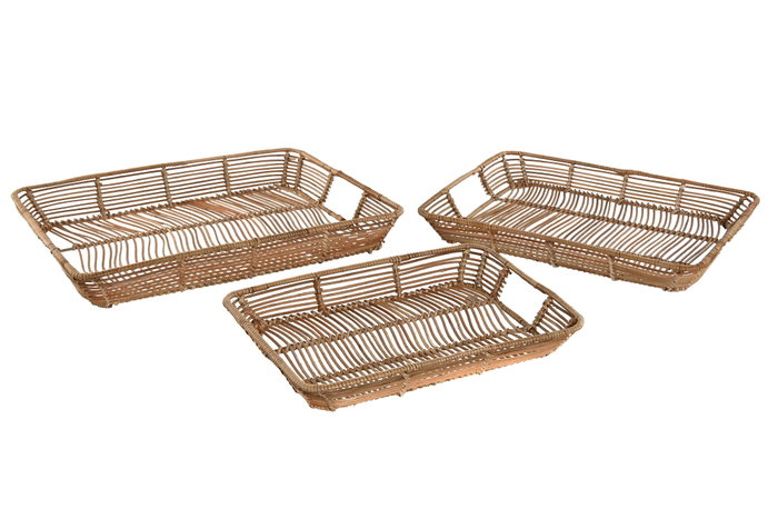 DKD Home Decor Bandeja Tropical Set de 3 Piezas Ratan y Metal Natural 32 x 6 x 44 cm
