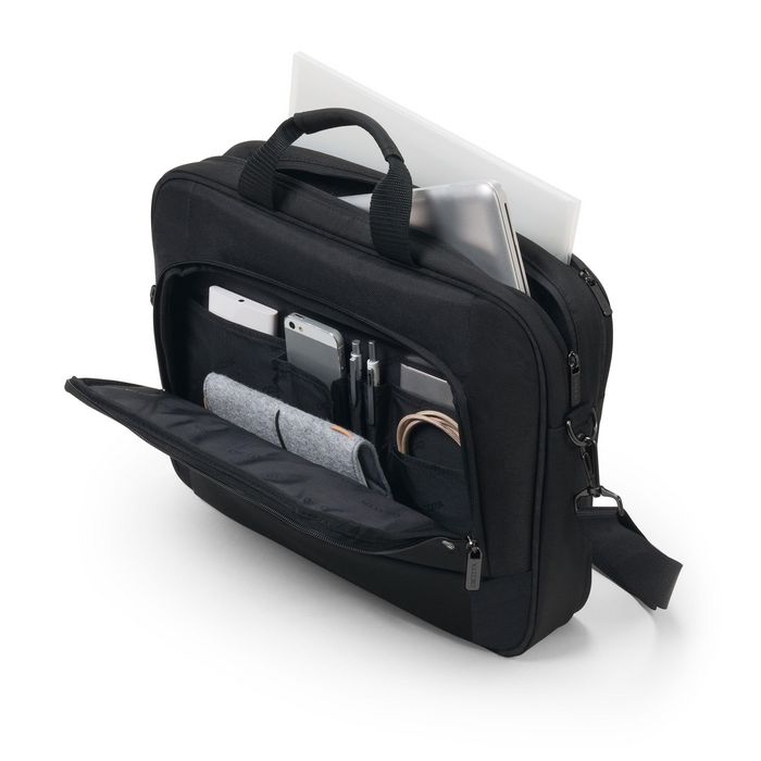 Dicota Eco Top Traveller BASE - Funda para Laptop 13-14.1" con Espuma HDF y Correa Ajustable, 300D Poliéster rPET Reciclado, Negro
