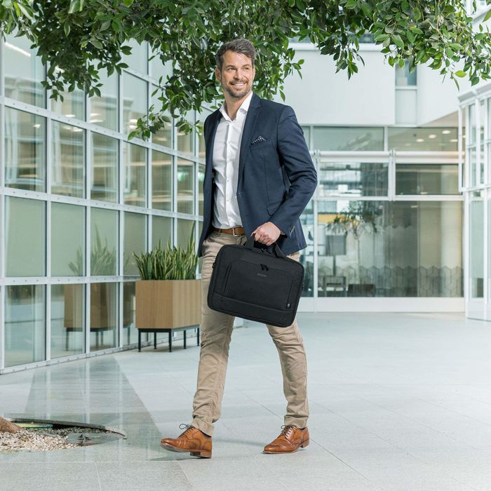 Dicota Eco Top Traveller BASE - Funda para Laptop 13-14.1" con Espuma HDF y Correa Ajustable, 300D Poliéster rPET Reciclado, Negro