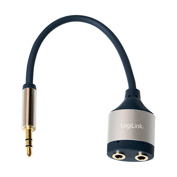 LogiLink Cable de audio 3.5 mm 3-pin/M a 2x 3.5 mm/F, metal, azul, 0.18 m