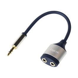 LogiLink Cable de audio 3.5 mm 3-pin/M a 2x 3.5 mm/F, metal, azul, 0.18 m