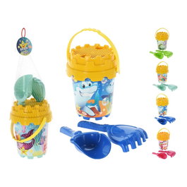 Basics Cubo de Playa Infantil 4 Piezas - Set con Cubo, Pala, Rastrillo y Criba - Modelos Variados