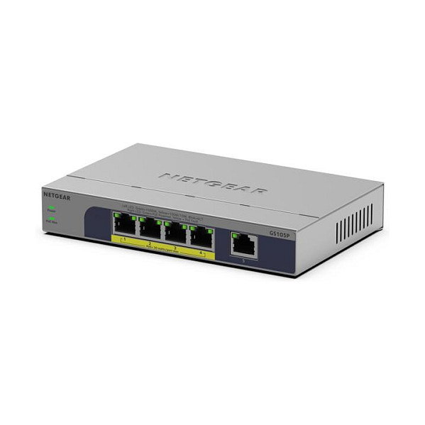 Netgear GS105P Switch no administrado Gigabit Ethernet 10/100/1000 con PoE, montaje en pared/escritorio, gris