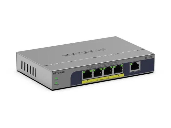 NETGEAR GS105P Switch Gigabit Ethernet No Administrado, 5 Puertos, 10/100/1000 Mbps, Power over Ethernet (PoE+), Montaje Pared/Escritorio, Gris