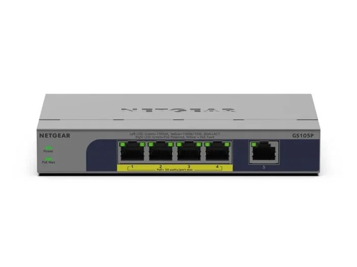 NETGEAR GS105P Switch Gigabit Ethernet No Administrado, 5 Puertos, 10/100/1000 Mbps, Power over Ethernet (PoE+), Montaje Pared/Escritorio, Gris