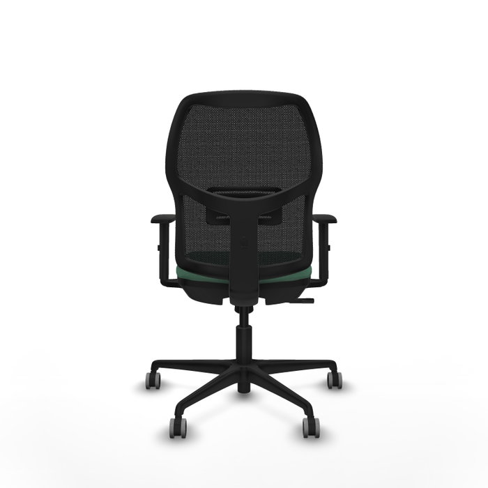 Silla de oficina Alfera con mecanismo Sincro tapizada con Tela color Verde esmeralda y malla color Negro. Equipada con lumbar 1D, Brazos 1D y Ruedas 65 mm parqué