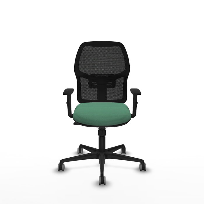 Silla de oficina Alfera con mecanismo Sincro tapizada con Tela color Verde esmeralda y malla color Negro. Equipada con lumbar 1D, Brazos 1D y Ruedas 65 mm parqué