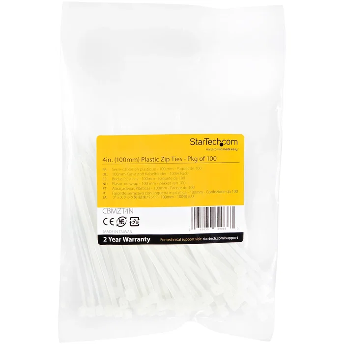 StarTech.com Brida CBMZT4N Reutilizable Nylon 66 - Pack 100 Unidades - 10 cm / 101.6 mm - Color Blanco - UL 94V-2, CE, RoHS - Para cables