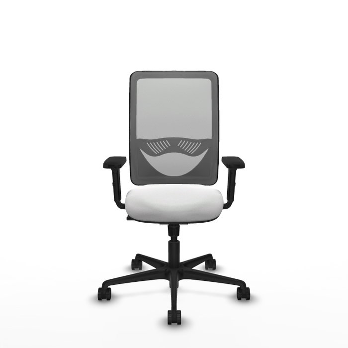 Silla de oficina Zulema con mecanismo Sincro tapizada con Tela color Blanco y malla color Gris. Equipada con lumbar 1D, Brazos 2D y Ruedas 65mm nailon