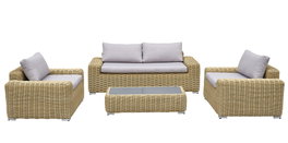 DKD Home Decor Sofá Terraza y Jardín Ratán Sintético Set de 4 Piezas, Marrón Claro/Beige, Repelente al Agua, 222 x 87 x 63 cm