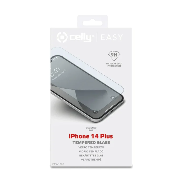 Celly Protector de Pantalla de Vidrio Templado 9H para iPhone 14 Plus (6.7") - Anti-huellas, Aplicación sin Burbujas, 1 Unidad