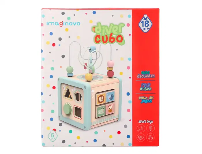 Imaginovo Juego Infantil Cubo de Actividades de Madera +18 Meses 15,5x15,5x28cm