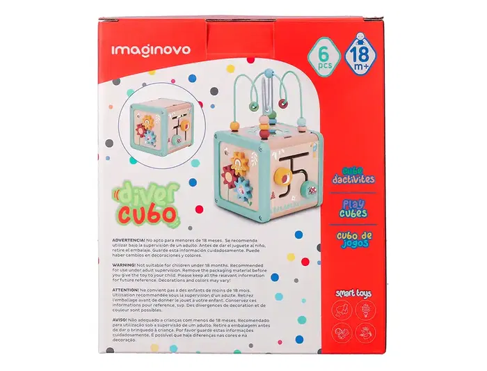 Imaginovo Juego Infantil Cubo de Actividades de Madera +18 Meses 15,5x15,5x28cm