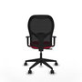 Silla de oficina Alocén con mecanismo Sincro tapizada con Tela color Rojo y malla color Negro. Equipada con lumbar 1D, Brazos 1D y Ruedas 65mm nailon