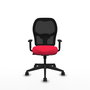 Silla de oficina Alocén con mecanismo Sincro tapizada con Tela color Rojo y malla color Negro. Equipada con lumbar 1D, Brazos 1D y Ruedas 65mm nailon