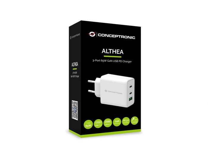 Conceptronic ALTHEA12W Cargador USB-C PD 3.0 65W con Tecnología GaN para MacBook, iPad, iPhone, Samsung Galaxy y más, Color Blanco