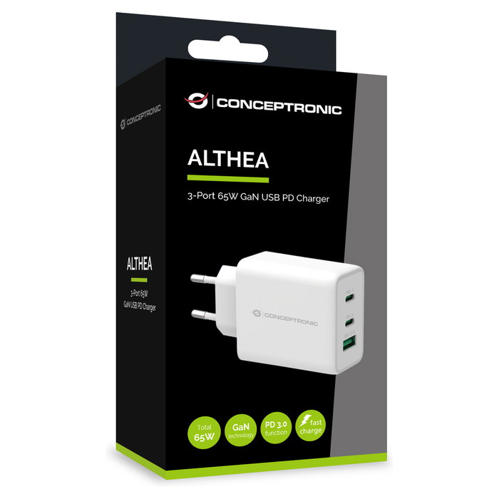 Conceptronic ALTHEA12W Cargador GaN 65W 3 Puertos Blanco Conceptronic ALTHEA12W Cargador GaN 65W 3 Puertos Blanco