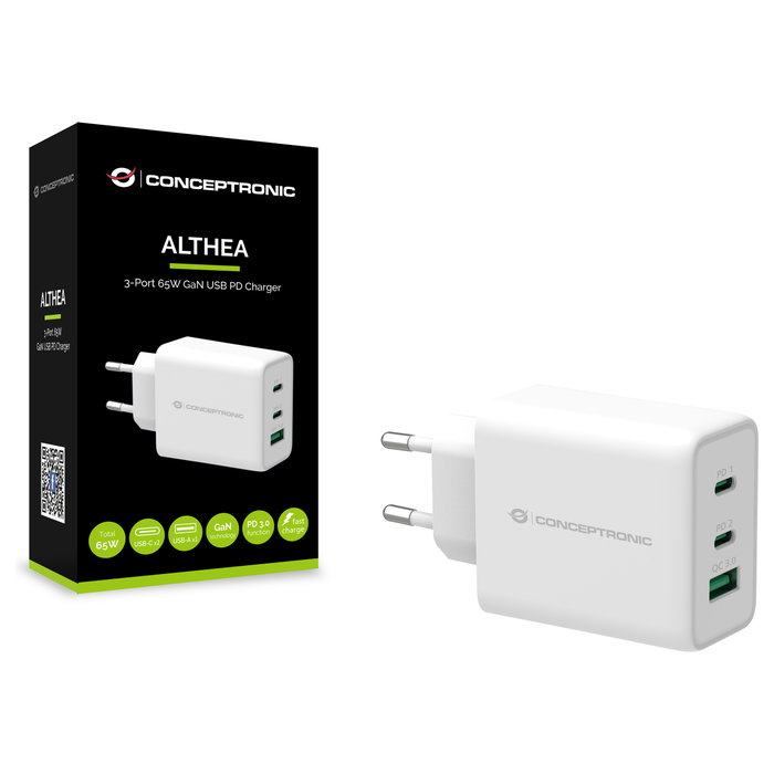 Conceptronic ALTHEA12W Cargador GaN 65W 3 Puertos Blanco Conceptronic ALTHEA12W Cargador GaN 65W 3 Puertos Blanco