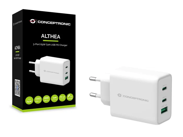 Conceptronic ALTHEA12W Cargador GaN 65W con 3 Puertos (2 USB-C, 1 USB-A) Quick Charge 3.0 USB-PD 3.0, Carga Rápida Universal, Protección, Blanco