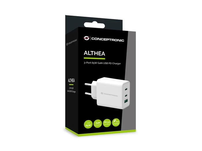 Conceptronic ALTHEA12W Cargador GaN 65W con 3 Puertos (2 USB-C, 1 USB-A) Quick Charge 3.0 USB-PD 3.0, Carga Rápida Universal, Protección, Blanco