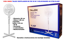 TALOX Ventilador de Pie 50 W 40 cm VL40P-FS40T/RD-40