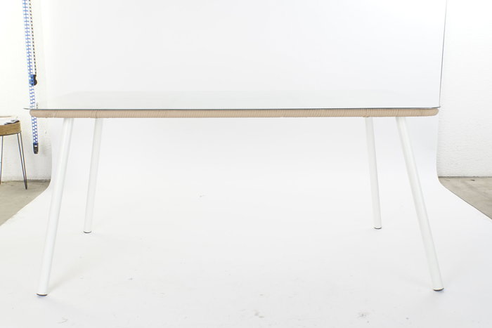 DKD Home Decor Mesa Comedor Terraza Y Jardin Beige Blanco 90 x 75 x 160 cm Set 7 Piezas Aluminio Poliester Cuerda Cristal