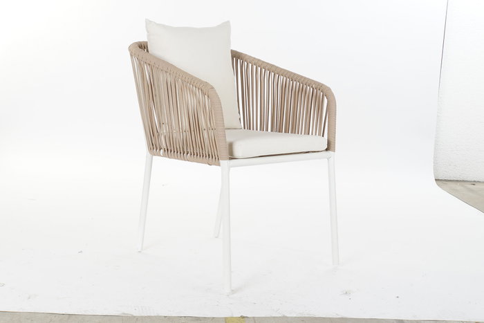 DKD Home Decor Mesa Comedor Terraza Y Jardin Beige Blanco 90 x 75 x 160 cm Set 7 Piezas Aluminio Poliester Cuerda Cristal