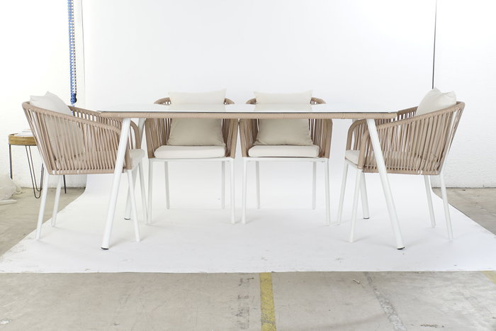 DKD Home Decor Mesa Comedor Terraza Y Jardin Beige Blanco 90 x 75 x 160 cm Set 7 Piezas Aluminio Poliester Cuerda Cristal